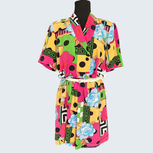 Vintage 80s Waima Colorful Geometric Silky Romper Size M